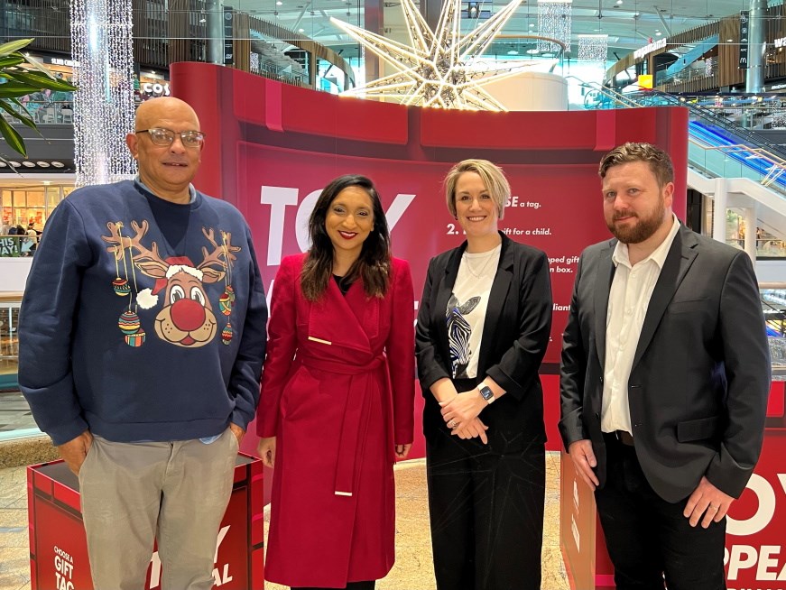 Councillor Kaur (Leader of Southampton City Council, Councillor Winning (Cabinet Member for Children and Learning) and Laura Read (General Manager of Westquay Shopping Centre) pictured at the toy and gift drop off point, Level 3 Westquay Shopping Centre