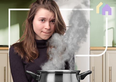 Young person looking concerned in front of a steaming pot