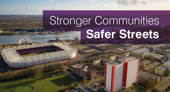 Stronger Communities Safer Streets written over the top of a drone shot of Southampton with St Mary's Stadium and River Itchen in background