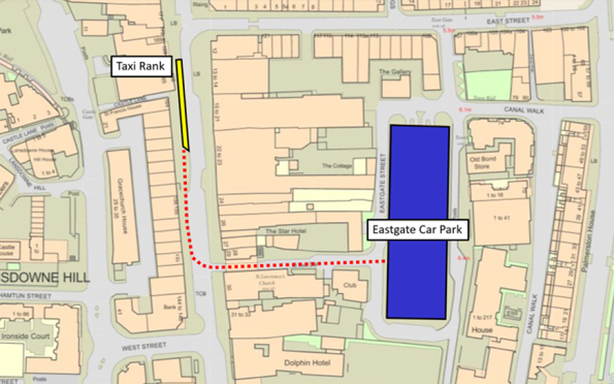 Map showing the location of Eastgate car park and the taxi rank on High street. A dotted line runs West from the car park, along Eastgate Street to High Street, then heading North along High Street before the junction with East Street