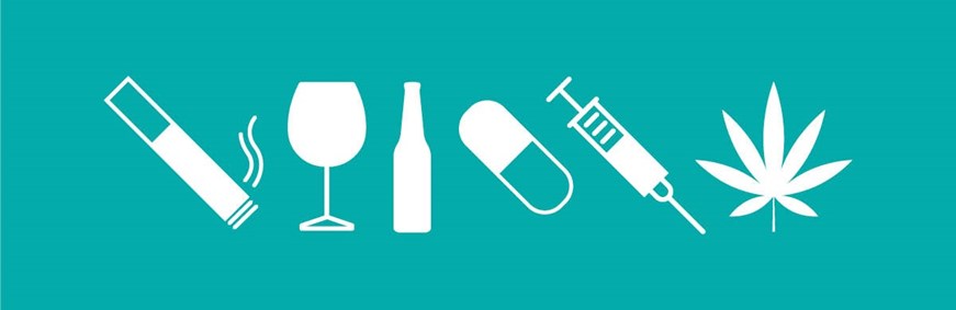 Icons of a cigarette, wine glass, bottle, pill, syringe and cannabis