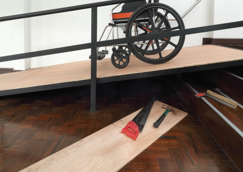 Wheelchair on newly built ramp