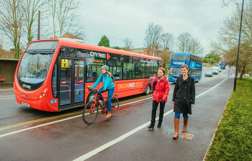 Pedestrians, cyclists, and bus