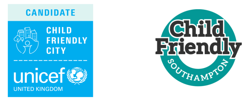 UNICEF UK logo indicating a candidate for child friendly city status, and the child friendly Southampton logo