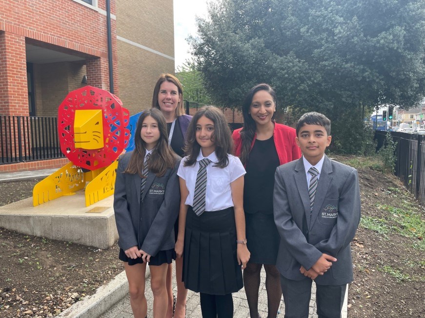 Pupils from L-R outside Nicola Kempa, Barin Ako, Bipeen Mishra with Executive Headteacher Mrs Bryant and Leader of Southampton City Council, Councillor Satvir Kaur