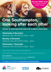 Small image to represent vaccine clinic flyers. Legible text says "One Southampton, looking after each other"