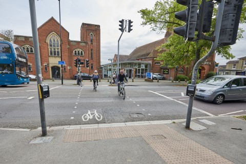 A pedestrian and bicycle road crossing